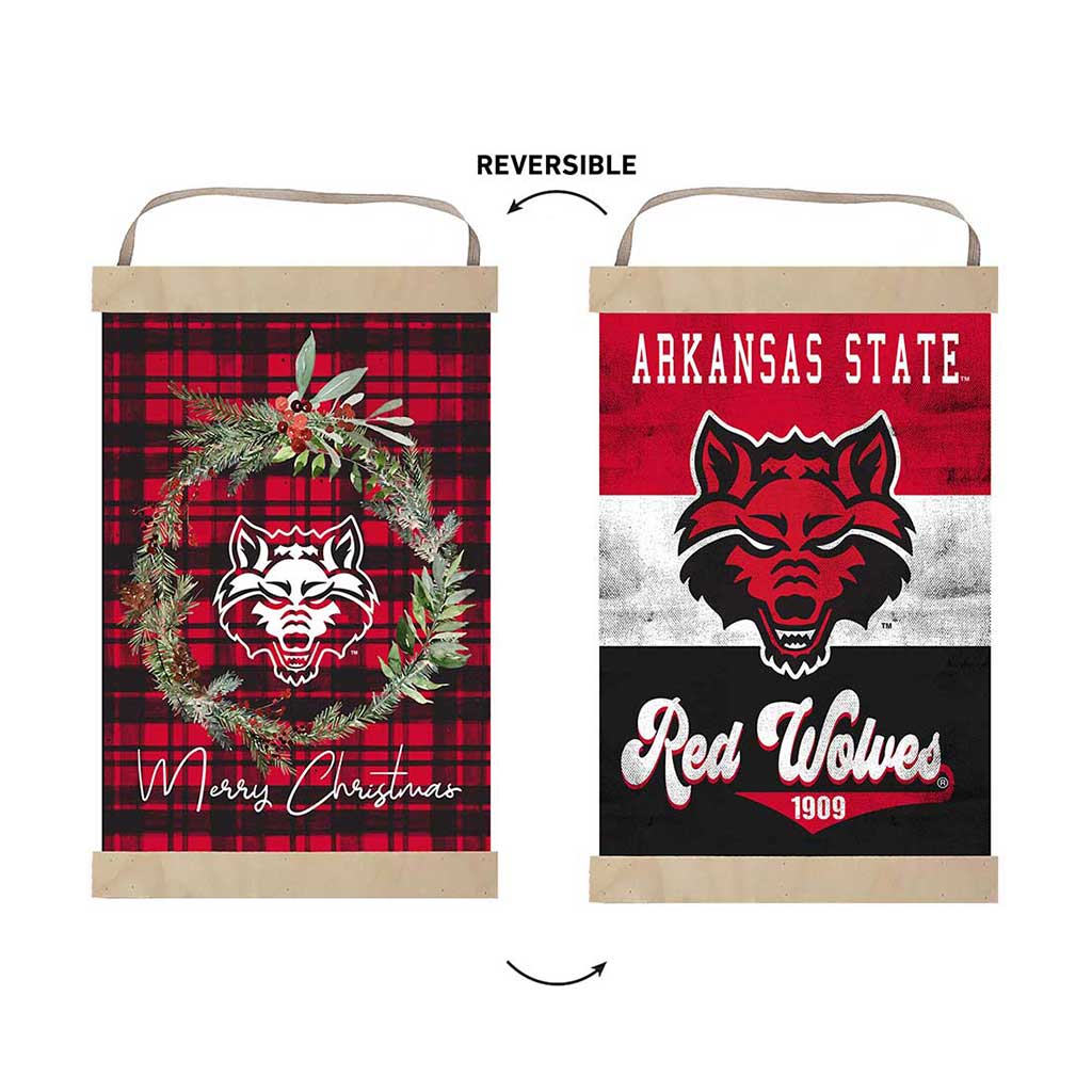 Reversible Banner Sign Merry Christmas Plaid Arkansas State Red Wolves