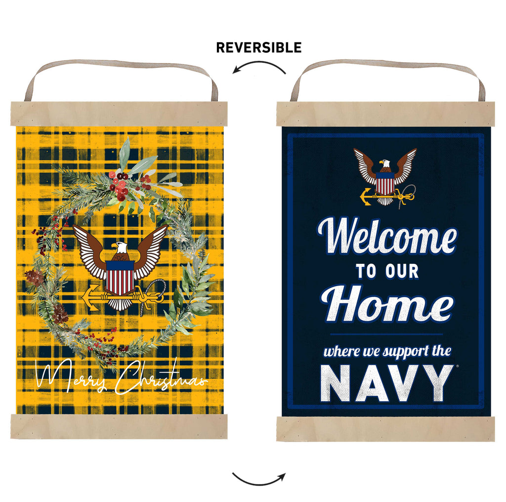 Reversible Banner Sign Merry Christmas Plaid Navy